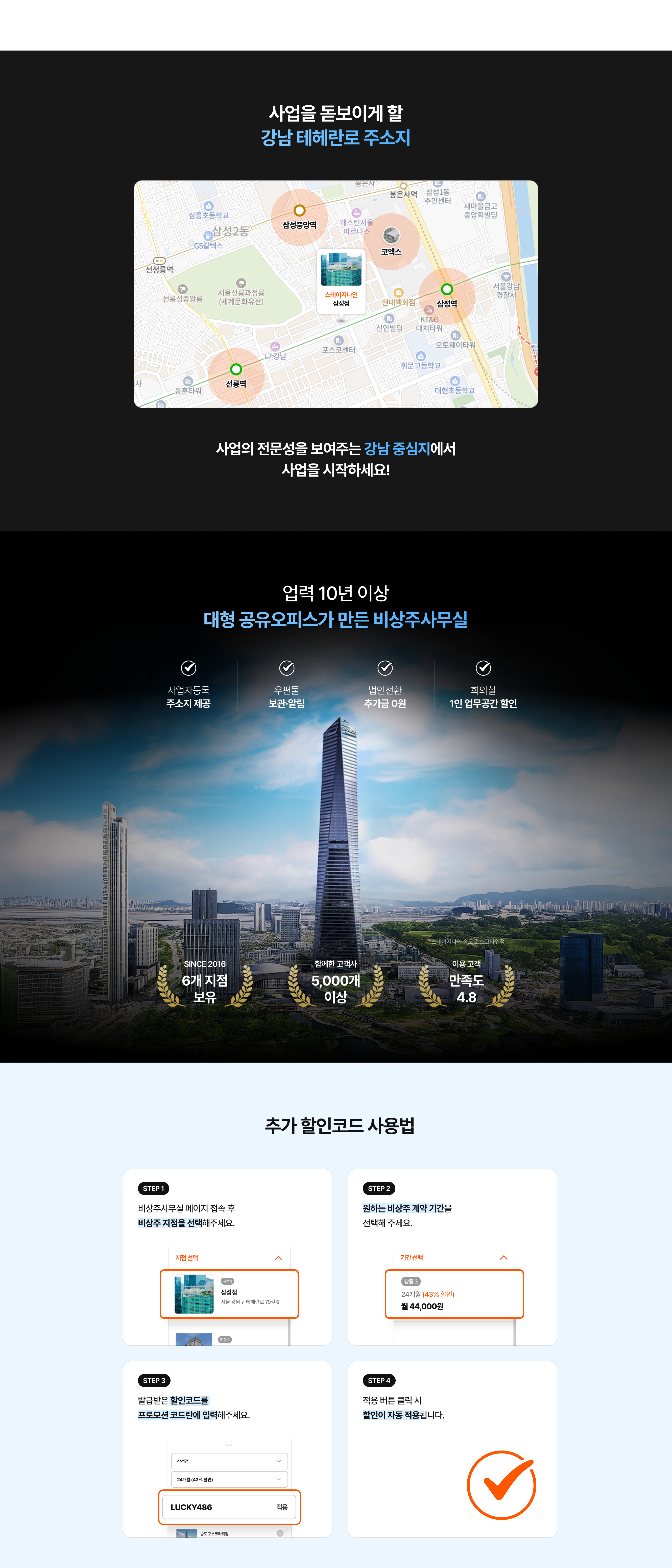 남 테헤란로 비상주사무실 위치 안내 지도와 건물 외관 이미지, 서비스 특징과 이용 정보, 그리고 비상주사무실 할인코드 사용 방법 단계 안내가 포함된 전체 프로모션 이미지